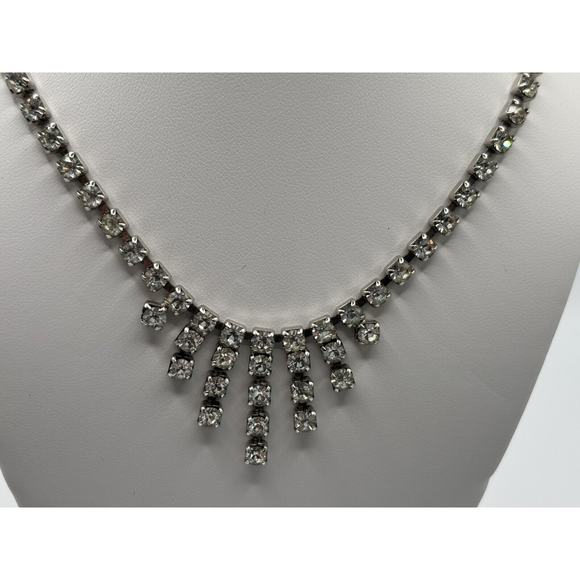 VTG Rhinestone Necklace Clear Dangle Silver Tone J1-3026 - Picture 6 of 9